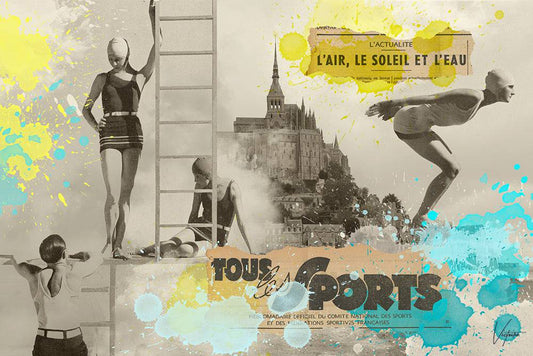 L'air, le soleil et l'eau - Mont Saint-Michel - Tableau et affiche vintage - montage de photos anciennes et de coupures de presse des années folles