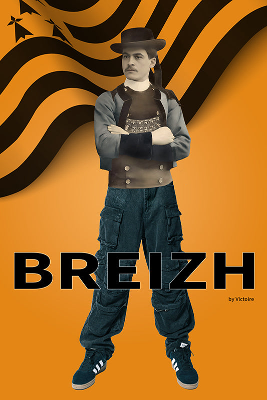 Poster souvenir de Bretagne créé à partir d'une carte postale ancienne d'un breton en costume traditionnel