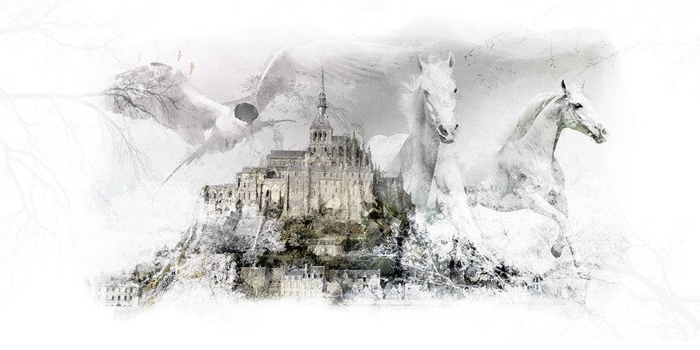 Fantaisie équestre - tableau de chevaux au Mont Saint-Michel entre Bretagne et Normandie
